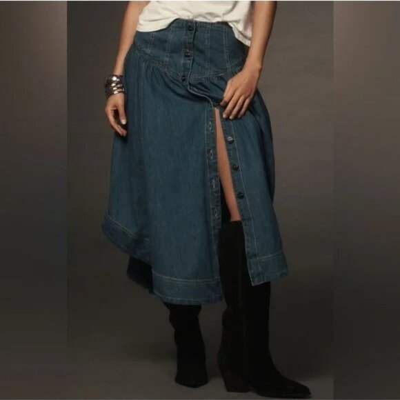 NWT  Anthropologie Pilcro Pleated Basque-Waist Denim Midi Skirt Size 10P Petite - Picture 4 of 12